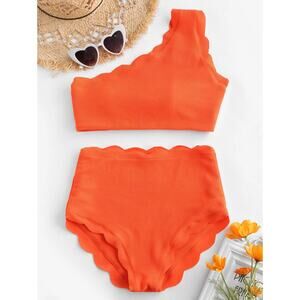Zaful High Waisted Scalloped One Shoulder Bikini Set - Bright Orange Size 2